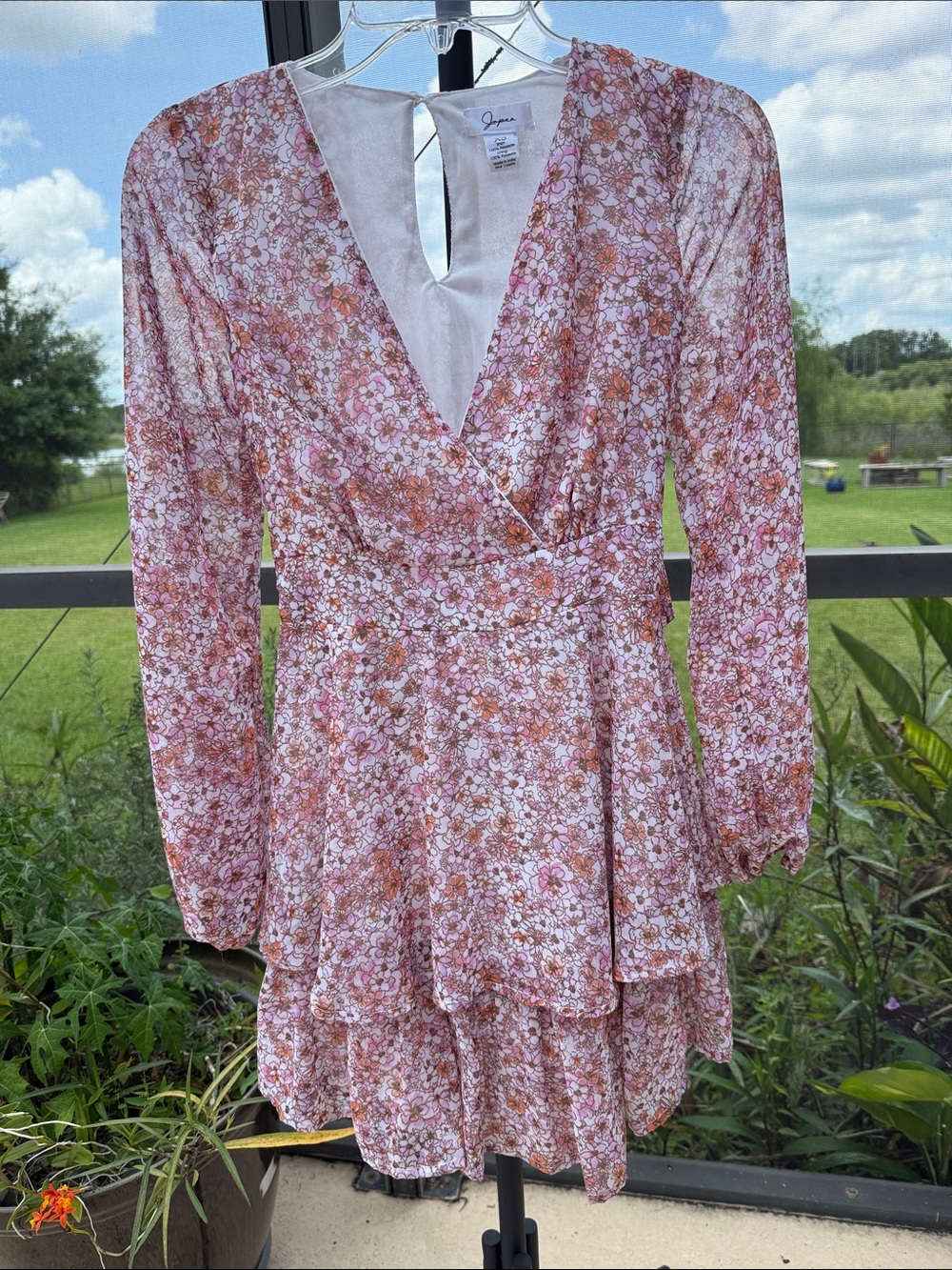 Jasper Pink & Orange Floral Long-Sleeve Tiered faux Wrap Dress